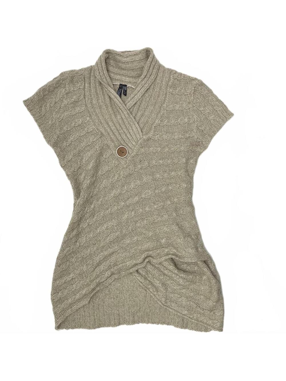 Y2K Razzle Dazzle Beige Knit Short Sleeve Tunic Sweater Asymmetrical Sz M